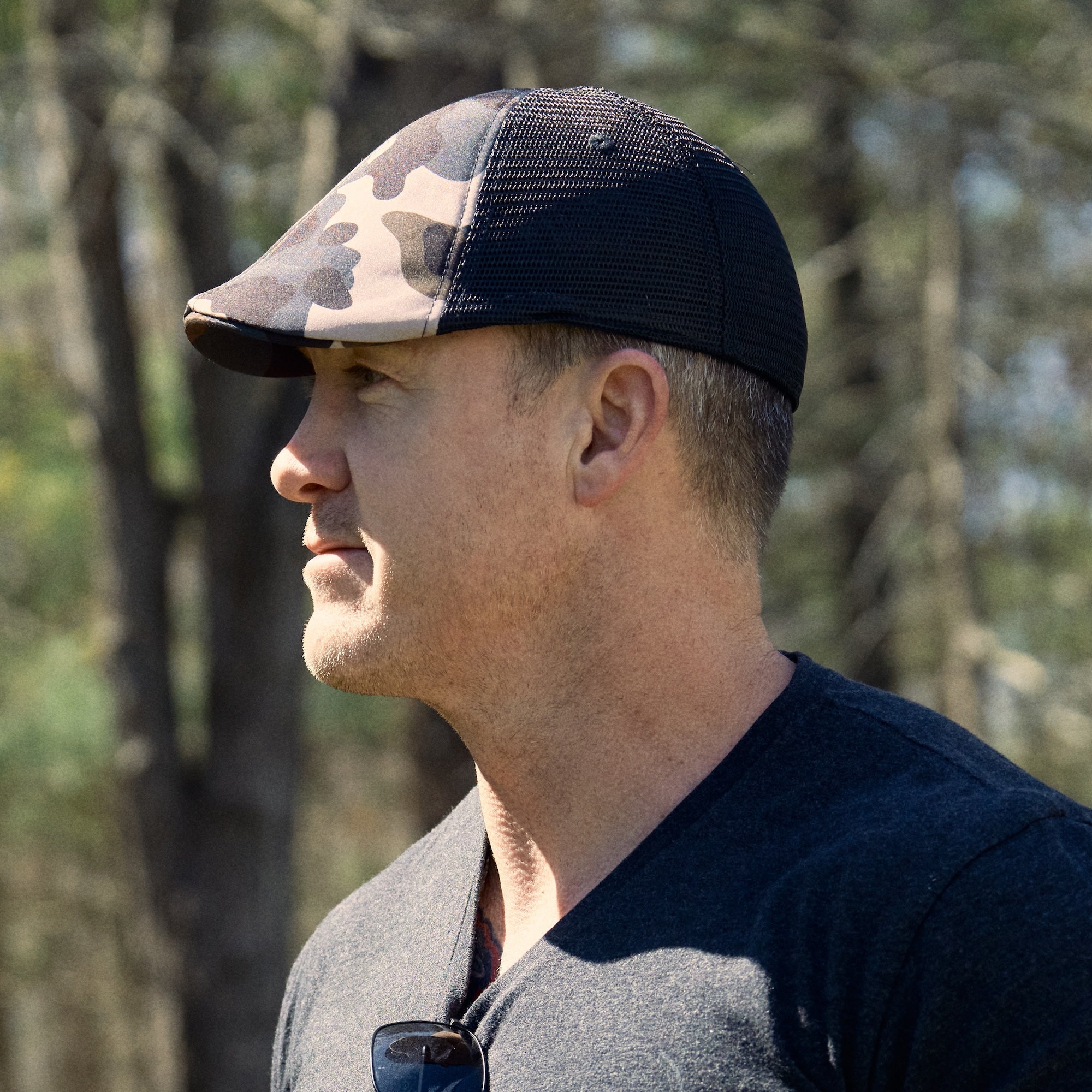 The Mesh Trucker Boston Scally Cap - Camo with Black