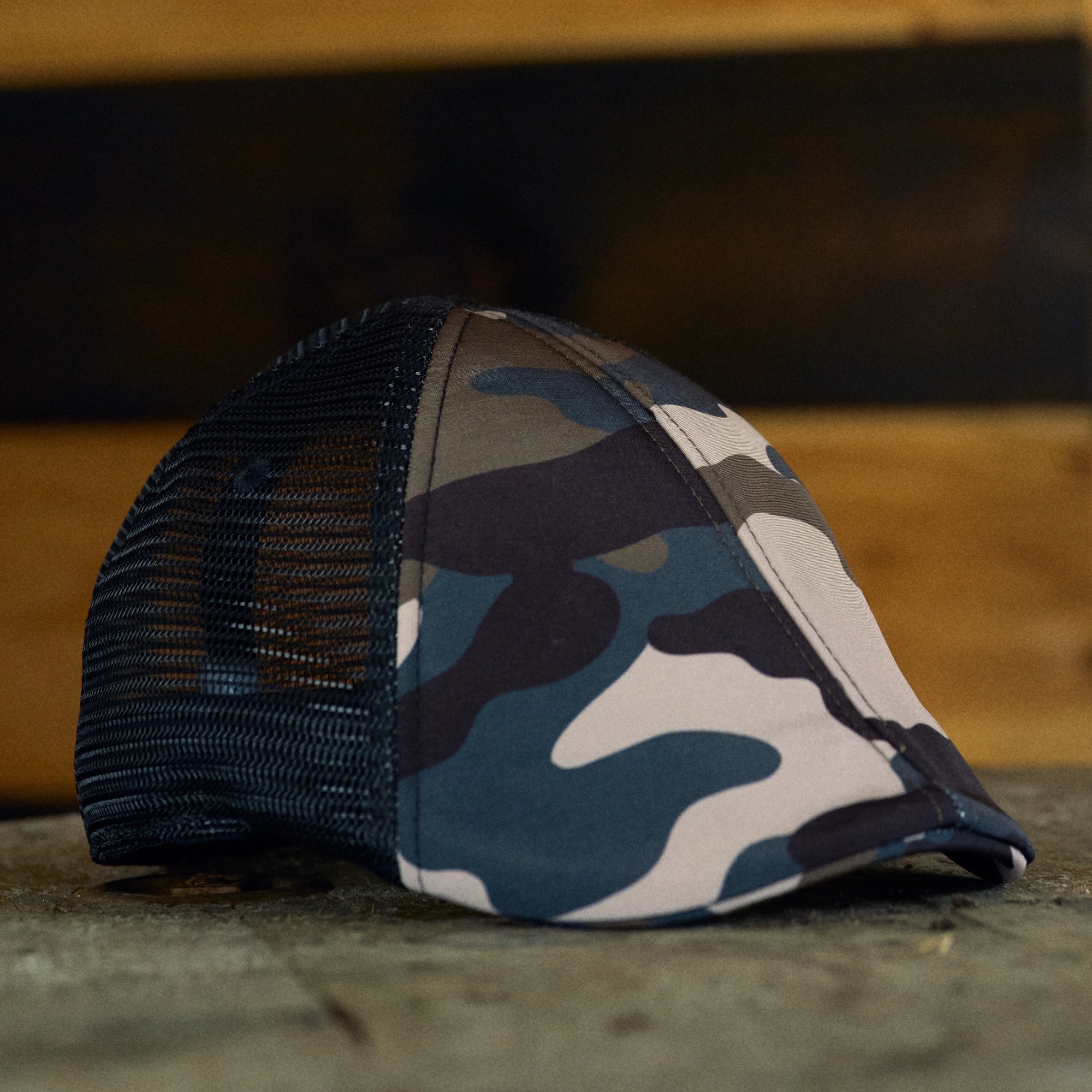 The Mesh Trucker Boston Scally Cap - Camo with Black
