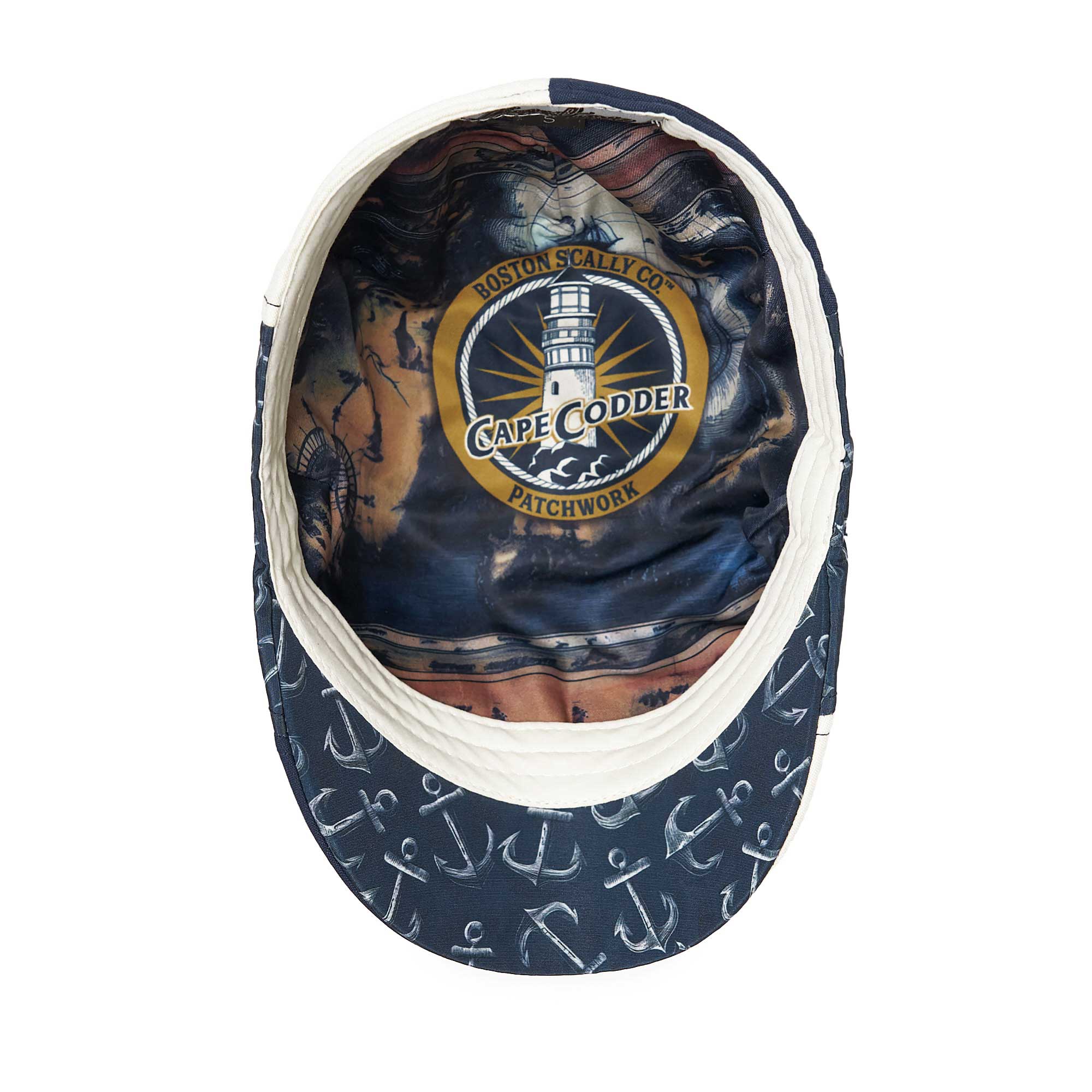 The Cape Codder Patchwork Boston Scally Cap - Marine Blue and White Sand